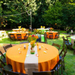 Portable restrooms for outdoor wedding receptions.