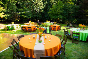 Portable restrooms for outdoor wedding receptions.